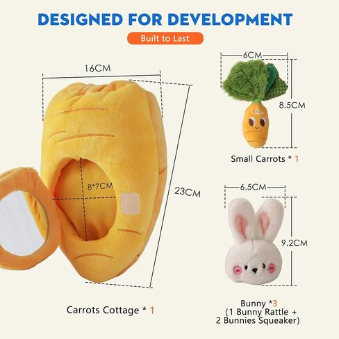 Sensory Carrot House Toy for Babies - Plush Montessori Toy with Mirror, 3 Bunny Rattles & Pull-Out Carrot, Crinkle Leaf, Fine Motor Skills Development, Washable in Saudi Arabia