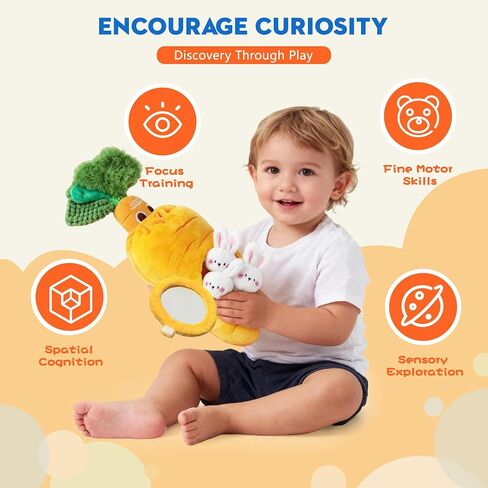 Sensory Carrot House Toy for Babies - Plush Montessori Toy with Mirror, 3 Bunny Rattles & Pull-Out Carrot, Crinkle Leaf, Fine Motor Skills Development, Washable in Saudi Arabia