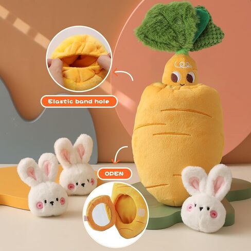 Sensory Carrot House Toy for Babies - Plush Montessori Toy with Mirror, 3 Bunny Rattles & Pull-Out Carrot, Crinkle Leaf, Fine Motor Skills Development, Washable in Saudi Arabia