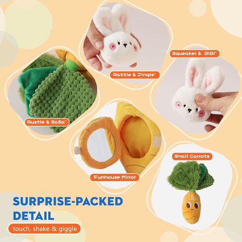 Sensory Carrot House Toy for Babies - Plush Montessori Toy with Mirror, 3 Bunny Rattles & Pull-Out Carrot, Crinkle Leaf, Fine Motor Skills Development, Washable in Saudi Arabia
