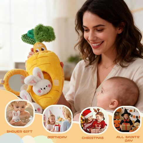 Sensory Carrot House Toy for Babies - Plush Montessori Toy with Mirror, 3 Bunny Rattles & Pull-Out Carrot, Crinkle Leaf, Fine Motor Skills Development, Washable in Saudi Arabia