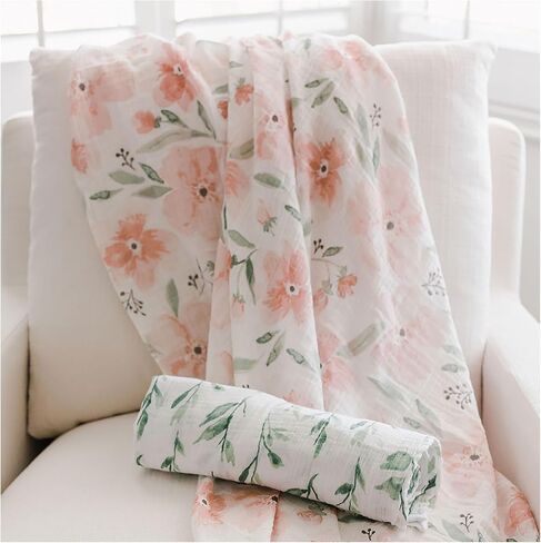 Crane Baby 100% Cotton Muslin Swaddle Blankets, Parker Pink Floral, Baby Blanket, Set of 2, 47" x 47", Swaddles for Newborns in Kuwait