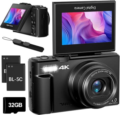 4K Cameras for Photography, 64MP Digital Vlogging Camera for YouTube | 3" 180° Flip Screen, Compact WiFi Camera with 18X Digital Zoom, Flash, 32GB Micro SD Card & 2 Batteries in Kuwait