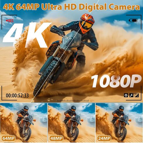 4K Cameras for Photography, 64MP Digital Vlogging Camera for YouTube | 3" 180° Flip Screen, Compact WiFi Camera with 18X Digital Zoom, Flash, 32GB Micro SD Card & 2 Batteries in Kuwait