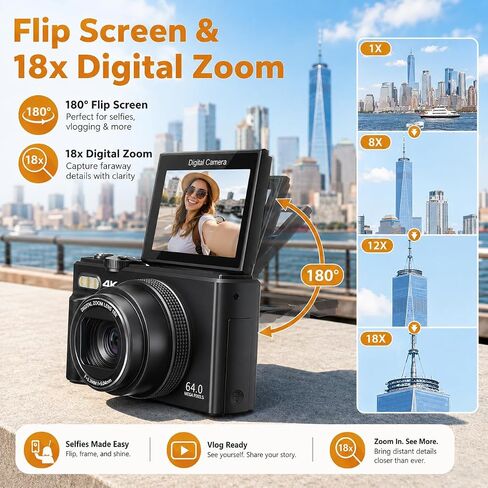 4K Cameras for Photography, 64MP Digital Vlogging Camera for YouTube | 3" 180° Flip Screen, Compact WiFi Camera with 18X Digital Zoom, Flash, 32GB Micro SD Card & 2 Batteries in Kuwait