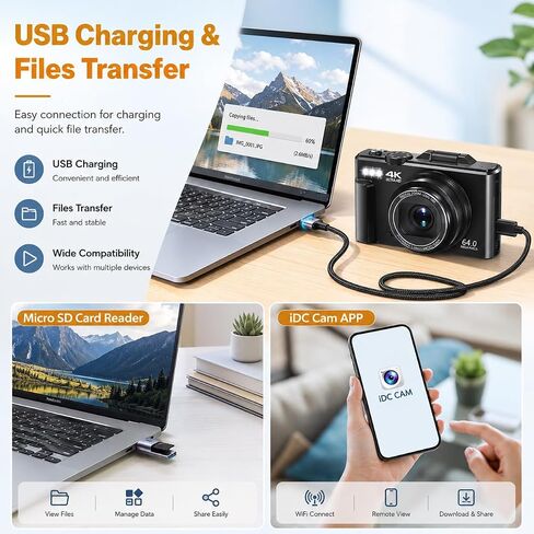4K Cameras for Photography, 64MP Digital Vlogging Camera for YouTube | 3" 180° Flip Screen, Compact WiFi Camera with 18X Digital Zoom, Flash, 32GB Micro SD Card & 2 Batteries in Kuwait