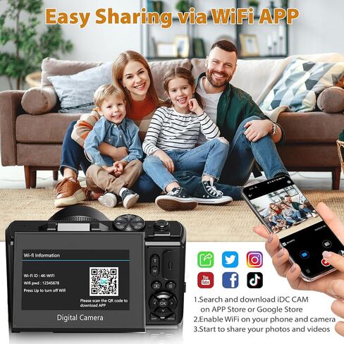 4K Cameras for Photography, 64MP Digital Vlogging Camera for YouTube | 3" 180° Flip Screen, Compact WiFi Camera with 18X Digital Zoom, Flash, 32GB Micro SD Card & 2 Batteries in Kuwait