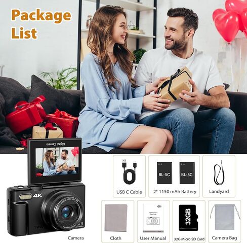 4K Cameras for Photography, 64MP Digital Vlogging Camera for YouTube | 3" 180° Flip Screen, Compact WiFi Camera with 18X Digital Zoom, Flash, 32GB Micro SD Card & 2 Batteries in Kuwait