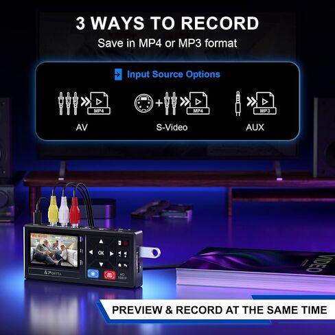 Portta VHS to Digital Converter, Video to Digital Recorder with Remote, Compatible with VHS, VCR, DVR, DVD, Hi8, Mini DV, Gaming Consoles (VCR, VHS/DVD Player, Camcorder Required) in Saudi Arabia