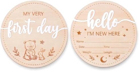 Double-Sided Wooden Newborn Birth Announcement Sign - My Very First Day Hello I'm New Here Name Plaque - Baby Birth Stats Board for Hospital Photo Prop - Nursery Wall Decor Keepsake Gift in Kuwait
