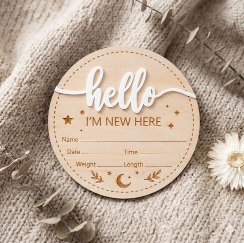 Double-Sided Wooden Newborn Birth Announcement Sign - My Very First Day Hello I'm New Here Name Plaque - Baby Birth Stats Board for Hospital Photo Prop - Nursery Wall Decor Keepsake Gift in Kuwait