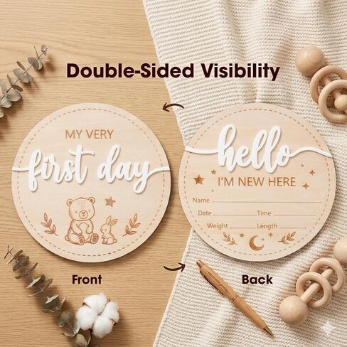 Double-Sided Wooden Newborn Birth Announcement Sign - My Very First Day Hello I'm New Here Name Plaque - Baby Birth Stats Board for Hospital Photo Prop - Nursery Wall Decor Keepsake Gift in Kuwait