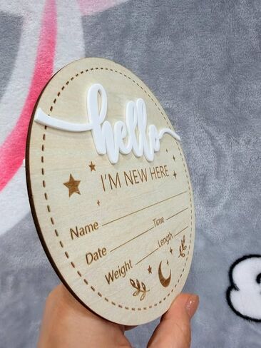 Double-Sided Wooden Newborn Birth Announcement Sign - My Very First Day Hello I'm New Here Name Plaque - Baby Birth Stats Board for Hospital Photo Prop - Nursery Wall Decor Keepsake Gift in Kuwait