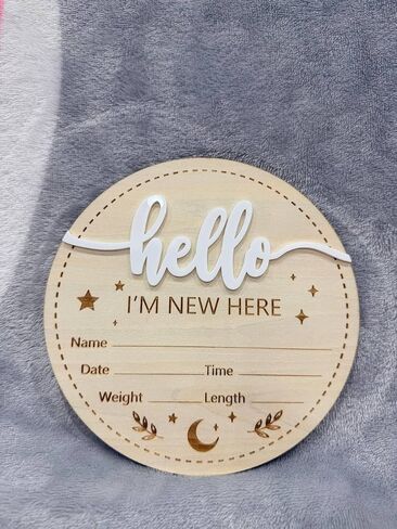 Double-Sided Wooden Newborn Birth Announcement Sign - My Very First Day Hello I'm New Here Name Plaque - Baby Birth Stats Board for Hospital Photo Prop - Nursery Wall Decor Keepsake Gift in Kuwait