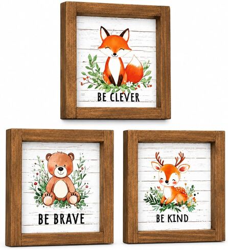 pechpell Set of 3 Woodland Forest Animal Themed Nursery Wall Shelf Decor | Wooden Cute Bear Fox Deer Sign, Creatures Pictures Decorations for Baby Shower Table, Baby Room, Above Crib, Kids Bedroom in Saudi Arabia