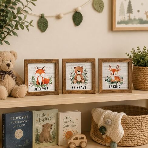pechpell Set of 3 Woodland Forest Animal Themed Nursery Wall Shelf Decor | Wooden Cute Bear Fox Deer Sign, Creatures Pictures Decorations for Baby Shower Table, Baby Room, Above Crib, Kids Bedroom in Saudi Arabia