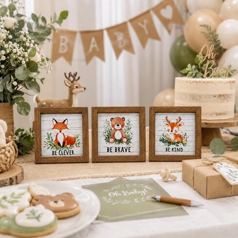 pechpell Set of 3 Woodland Forest Animal Themed Nursery Wall Shelf Decor | Wooden Cute Bear Fox Deer Sign, Creatures Pictures Decorations for Baby Shower Table, Baby Room, Above Crib, Kids Bedroom in Saudi Arabia