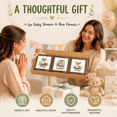 pechpell Set of 3 Woodland Forest Animal Themed Nursery Wall Shelf Decor | Wooden Cute Bear Fox Deer Sign, Creatures Pictures Decorations for Baby Shower Table, Baby Room, Above Crib, Kids Bedroom in Saudi Arabia