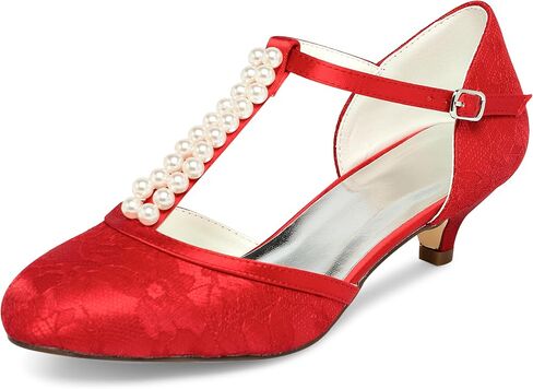 JIAJIA 01129 Women's Bridal Shoes Closed Toe T-Strap 1.8'' Low Heel Lace Satin Pumps Imitation Wedding Shoes in Saudi Arabia