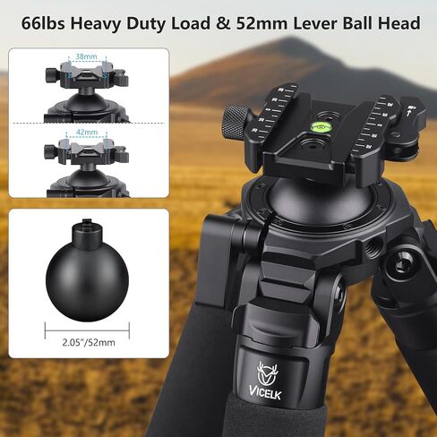 Carbon Fiber Shooting Tripod VICELK MK404C, 70.3'' Hunting Tripod with 52mm Lever Ball Head, 30KG Load, ARCA-Swiss Quick Release, for Camera/Telescope/Outdoor Shooting in Kuwait