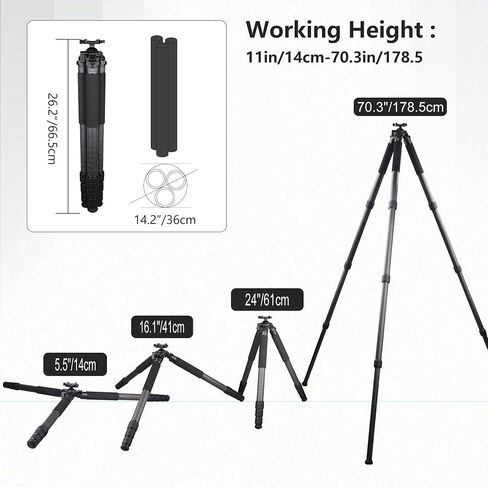 Carbon Fiber Shooting Tripod VICELK MK404C, 70.3'' Hunting Tripod with 52mm Lever Ball Head, 30KG Load, ARCA-Swiss Quick Release, for Camera/Telescope/Outdoor Shooting in Kuwait