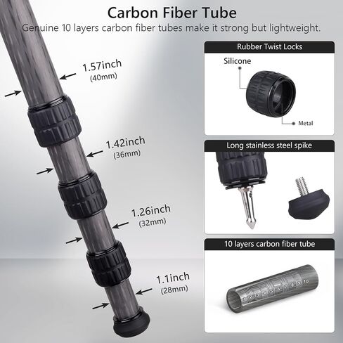 Carbon Fiber Shooting Tripod VICELK MK404C, 70.3'' Hunting Tripod with 52mm Lever Ball Head, 30KG Load, ARCA-Swiss Quick Release, for Camera/Telescope/Outdoor Shooting in Kuwait