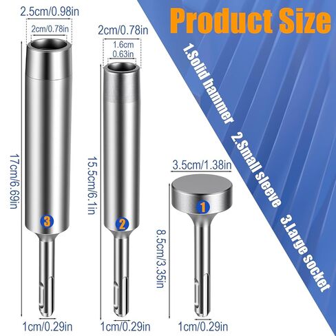 3PCS SDS Plus Ground Rod Driver Set, Professional Socket Hammer Bits, One Piece Design for 5/8" and 3/4" Ground Rods with 35mm Heavy Duty Flat Hammer, Compatible with Rotary Hammers Drills in Saudi Arabia