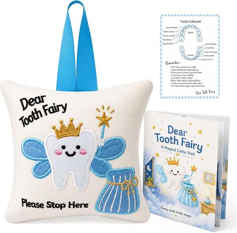 Tooth Fairy Pillow with Tooth Fairy Book Receipts Set for Boys Girls | Tooth Fairy Kit for Kids,Tooth Keepsake Gifts in Saudi Arabia