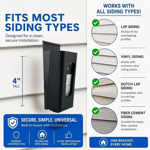 No-Drill Ring Doorbell Mount for Vinyl Siding | Compatible with Ring Video Doorbell 1, 2, 3, 4 & Battery Models | Damage-Free Siding Clip Mount | Easy Installation | Apartment & HOA Friendly in Kuwait