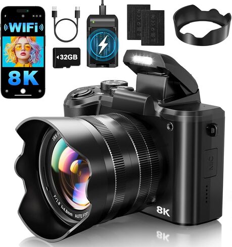 8K Digital Camera, 88MP Autofocus Cameras for Photography with Dual Lens | WiFi Vlogging Camera with 16X Digital Zoom,32GB TF Card,Lens Hood,Touch Screen,2 Batteries,Charging Stand in Saudi Arabia