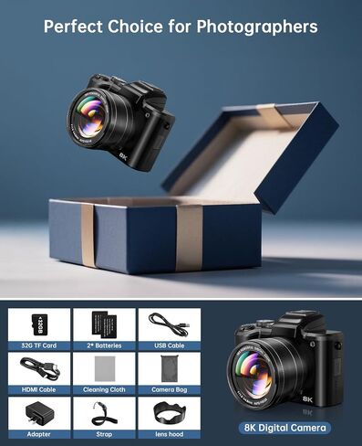 8K Digital Camera, 88MP Autofocus Cameras for Photography with Dual Lens | WiFi Vlogging Camera with 16X Digital Zoom,32GB TF Card,Lens Hood,Touch Screen,2 Batteries,Charging Stand in Saudi Arabia