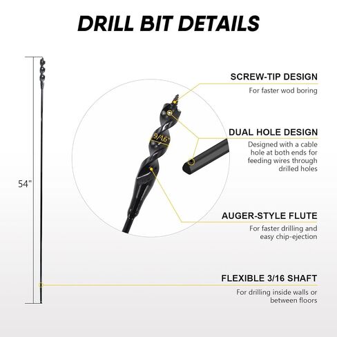 HANSHAN Flexible Drill Bit for Wire Pulling,9/16x36 in Flex Auger Drill Bit | Black Steel Shaft, Auger Head, Fish-Eye Hole & 3-Flat Shank for Pulling Wires in Walls and Studs in Saudi Arabia
