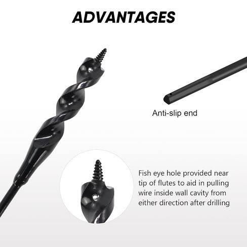 HANSHAN Flexible Drill Bit for Wire Pulling,9/16x36 in Flex Auger Drill Bit | Black Steel Shaft, Auger Head, Fish-Eye Hole & 3-Flat Shank for Pulling Wires in Walls and Studs in Saudi Arabia