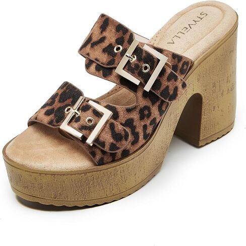 Women's Platform Sandals, Leopard Print Double Buckle Slide Sandals | 3.94" Platform Heel, Open Toe Mules, Non-Slip Summer Sandals in Saudi Arabia