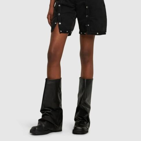 MAVMAX Women Slouchy Knee High Boots Casual Round Toe Pull On Riding Biker Boots Fold Over Chunky Low Heel Platform Boot Black Size 6.5 in Saudi Arabia