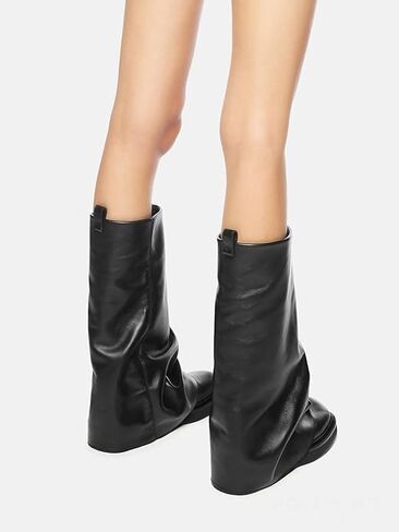 MAVMAX Women Slouchy Knee High Boots Casual Round Toe Pull On Riding Biker Boots Fold Over Chunky Low Heel Platform Boot Black Size 6.5 in Saudi Arabia