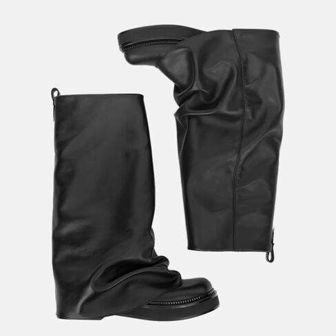 MAVMAX Women Slouchy Knee High Boots Casual Round Toe Pull On Riding Biker Boots Fold Over Chunky Low Heel Platform Boot Black Size 6.5 in Saudi Arabia