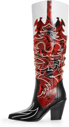 ANN CREEK Cowgirl Boots Side Zipper Womens Cowboy Boots Knee High Embroidery Woman Western Tall Pointed Toe Chunky Heel Two Tones Contrast Ladies Black Red US9.5 in Saudi Arabia