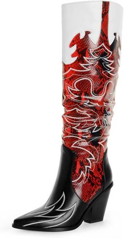 ANN CREEK Cowgirl Boots Side Zipper Womens Cowboy Boots Knee High Embroidery Woman Western Tall Pointed Toe Chunky Heel Two Tones Contrast Ladies Black Red US9.5 in Saudi Arabia