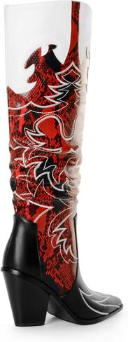 ANN CREEK Cowgirl Boots Side Zipper Womens Cowboy Boots Knee High Embroidery Woman Western Tall Pointed Toe Chunky Heel Two Tones Contrast Ladies Black Red US9.5 in Saudi Arabia
