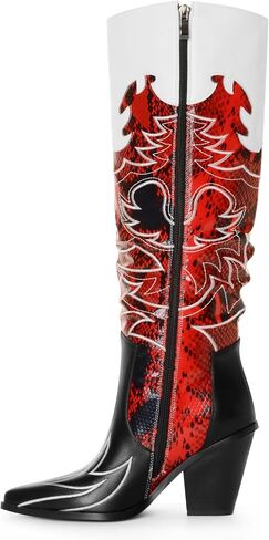 ANN CREEK Cowgirl Boots Side Zipper Womens Cowboy Boots Knee High Embroidery Woman Western Tall Pointed Toe Chunky Heel Two Tones Contrast Ladies Black Red US9.5 in Saudi Arabia