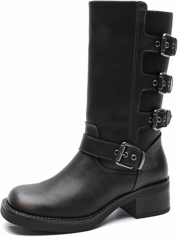 GLOBALWIN Women's Motorcycle Boots Fall Fashion Mid Calf Boots For Women Square Toe Low Heel in Kuwait