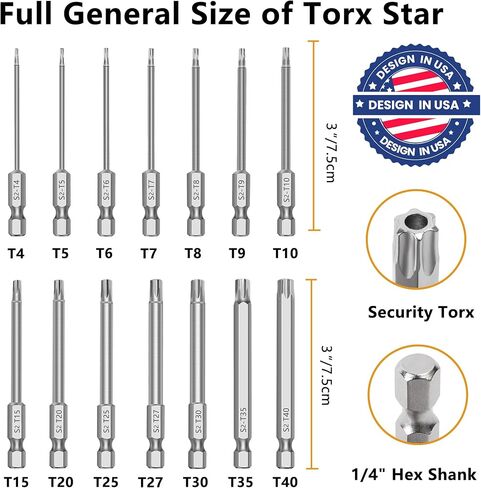 MulWark 14PC Security Torx Bit Set 3" Long Tamper Proof Star Screwdriver Bit Set 1/4" Hex Shank S2 Steel T4 - T40 Magnetic Impact Driver Drill Bits in Saudi Arabia