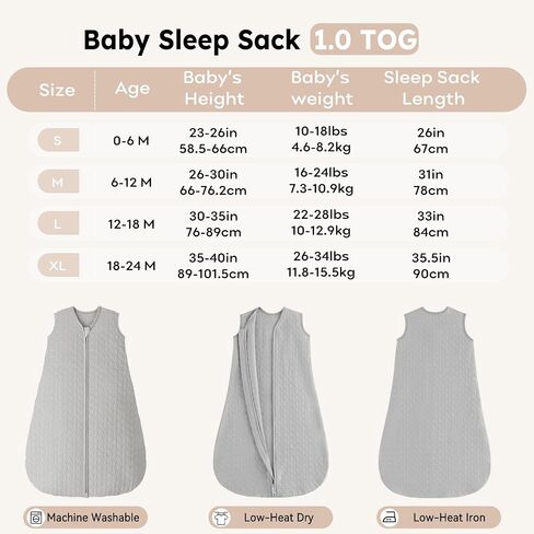 Unnivoll Baby Sleep Sack 18-24 Months 1.0 Tog Baby Wearable Blanket Cotton Sleeping Sack Quilted Baby Sleep Bag with 2-Way Zipper for Toddler Infant Grey in Saudi Arabia