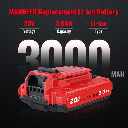 MANUFER 2PACK 3.0Ah 20V PCC680L Li-ion Battery and PCC692L Charger Replacement for Porter Cable 20V Battery Compatible with Porter Cable Battery PCC680L, PCC681L, PCC682L, PCC685L, PCC685LP, PCC699L in Kuwait