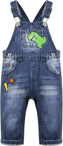 KIDSCOOL Toddler Baby Denim Overalls Striped Patch Jean Bib Romper Jumpsuit | Toddler baby denim overalls, unisex striped patch jean bib romper, infant snap crotch jumpsuit, soft cotton toddler outfit in Saudi Arabia