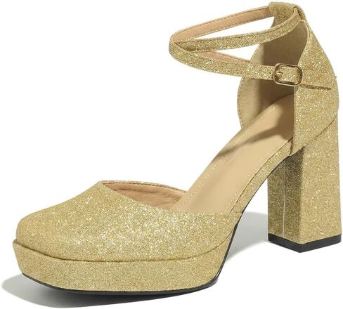 Women's High Block Heels Pumps | Mary Jane Square Closed Toe Ankle Strap Dress Shoes in Saudi Arabia