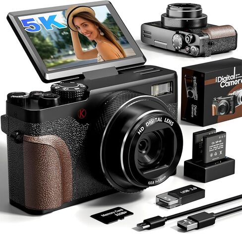 G-Anica 18X Zoom 5K Digital Camera for Photography with 180° Flip Screen | 64MP Vlogging Point and Shoot Camera Kit for Beginners, Autofocus Video Compact Camera 32GB Card, 2 Batteries in Kuwait