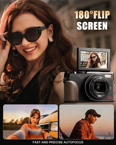 G-Anica 18X Zoom 5K Digital Camera for Photography with 180° Flip Screen | 64MP Vlogging Point and Shoot Camera Kit for Beginners, Autofocus Video Compact Camera 32GB Card, 2 Batteries in Kuwait