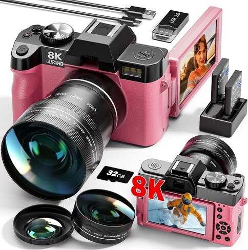 G-Anica 8K Digital Cameras Kit for Photography with Dual-Lens | 64MP WiFi Vlogging Point and Shoot Camera for Beginners,with 180° Flip Screen,16X Zoom,32GB Card,2 Batteries in Kuwait